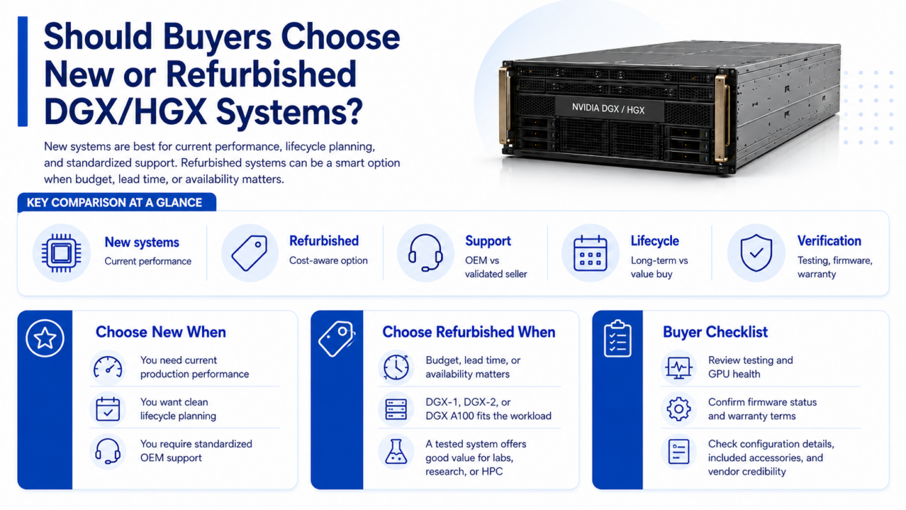 New vs refurbished NVIDIA DGX HGX systems infographic comparing performance, lifecycle, support, testing, and warranty.