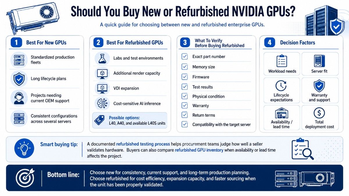 Landscape infographic comparing new and refurbished NVIDIA GPUs, covering ideal uses, buying checks, decision factors, and key recommendations.