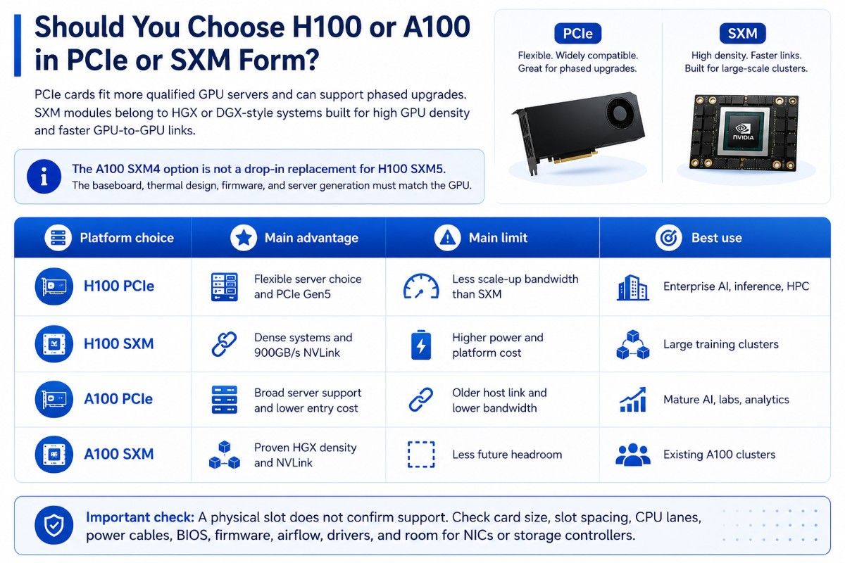Blue-and-white infographic explaining when to upgrade from NVIDIA A100 to H100 for faster training, inference, scaling, efficiency, and future readiness.