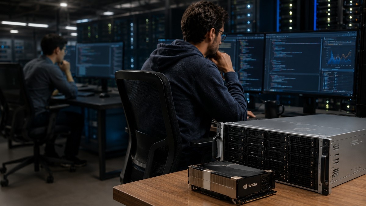 AI engineers using an A100 GPU server in a data center workspace, monitoring code, system performance, and machine-learning workloads.