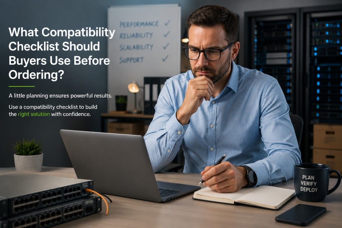 IT manager reviewing server compatibility requirements at a desk with a laptop, networking hardware, and data center racks in the background.