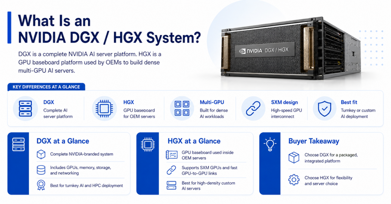 NVIDIA DGX and HGX system infographic explaining AI server platforms, GPU baseboards, and dense multi-GPU workloads.