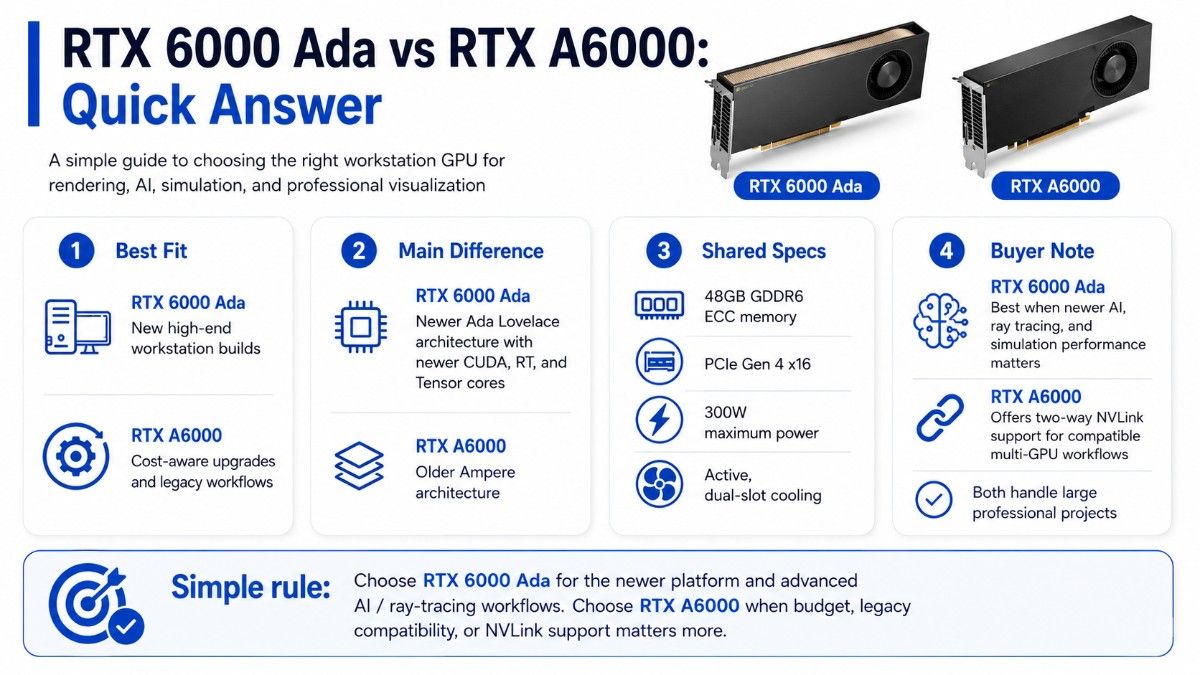 RTX 6000 Ada vs RTX A6000 infographic comparing architecture, shared specs, best use cases, NVLink support, and buyer guidance.