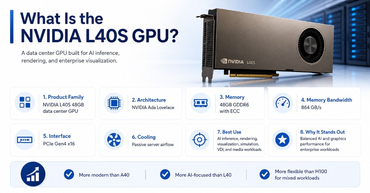 Infographic explaining NVIDIA L40S key specs, including 48GB memory, Ada architecture, PCIe Gen4, and enterprise uses.