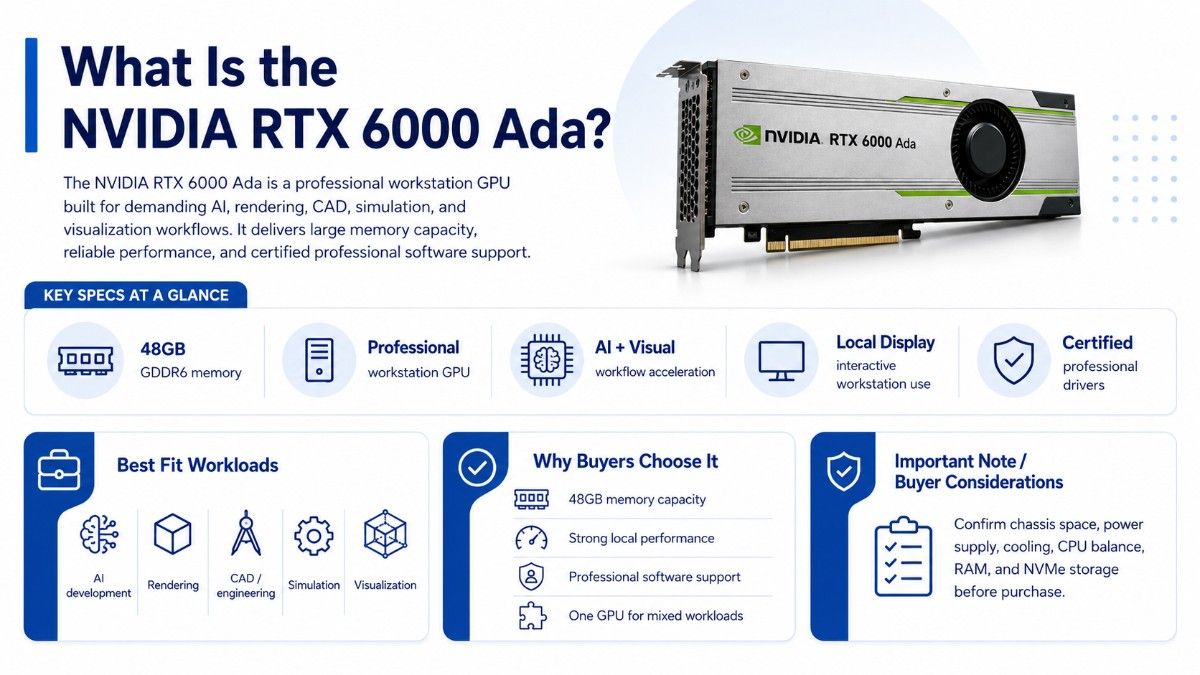 Infographic explaining what the NVIDIA RTX 6000 Ada GPU is, with key specs, workloads, and buyer notes
