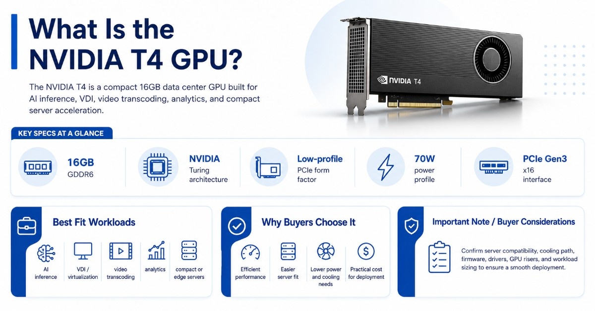 Blue and white infographic explaining NVIDIA T4 GPU specs, 16GB memory, low-profile form factor, 70W power, and best-fit workloads.