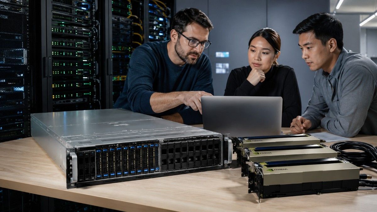 Data center engineers reviewing an A100 server bundle with rackmount hardware, multiple GPUs, cables, and configuration details.