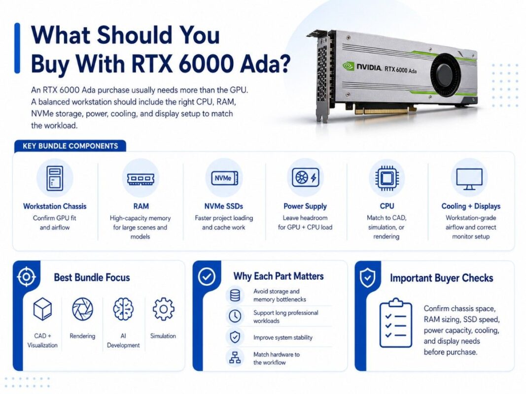 Infographic showing what to buy with NVIDIA RTX 6000 Ada: chassis, RAM, NVMe SSDs, power supply, CPU, cooling, displays.