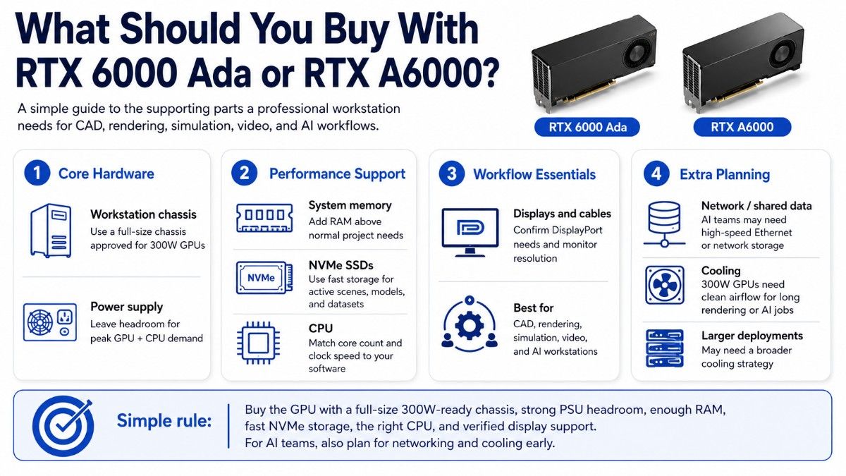 Workstation buying guide for RTX 6000 Ada or RTX A6000, covering chassis, PSU, RAM, NVMe storage, CPU, displays, and cooling.