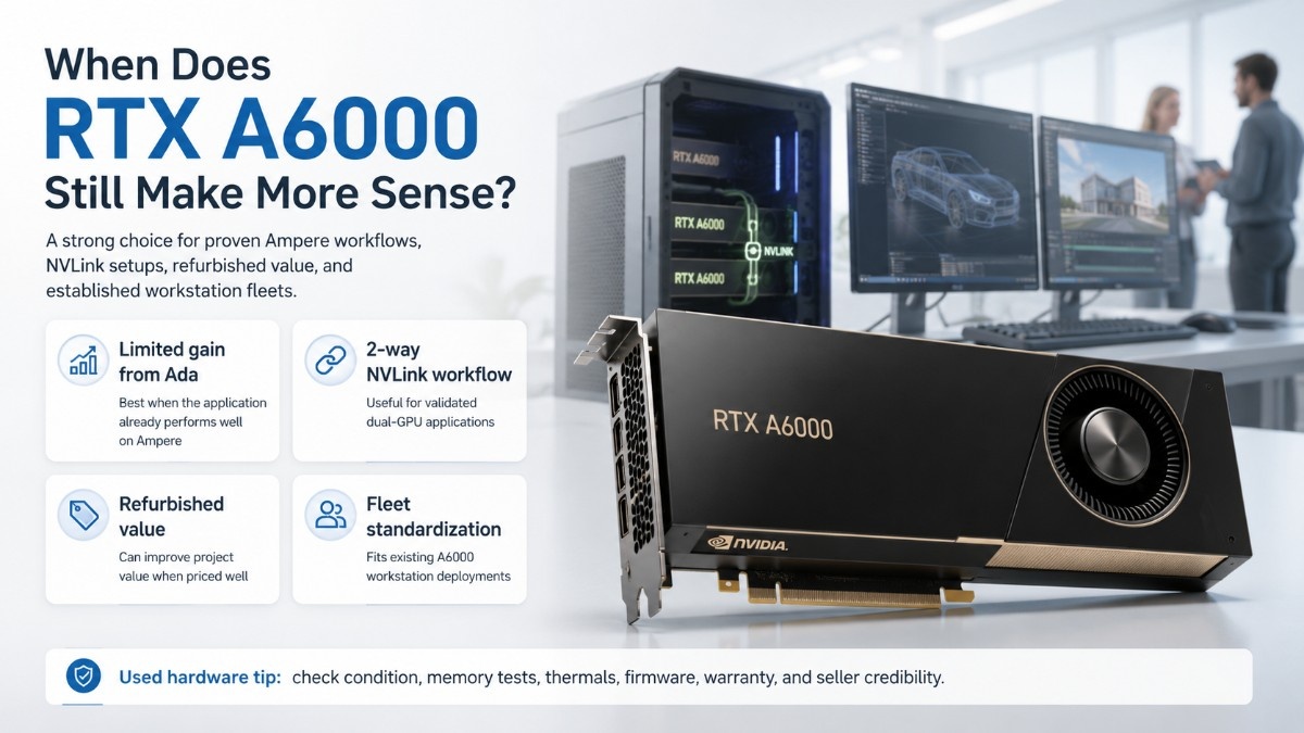 RTX A6000 product showcase highlighting Ampere workflows, two-way NVLink, refurbished value, fleet standardization, and used-buying checks.