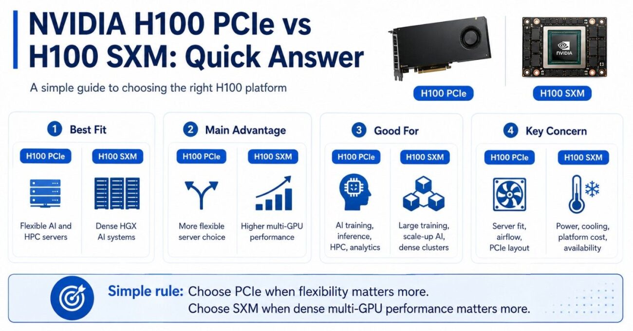Blue-and-white infographic comparing H100 PCIe and H100 SXM by best fit, key advantage, workloads, concerns, and simple buying guidance.
