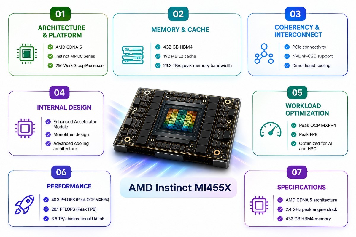 AMD Instinct MI455X architecture and specifications infographic.