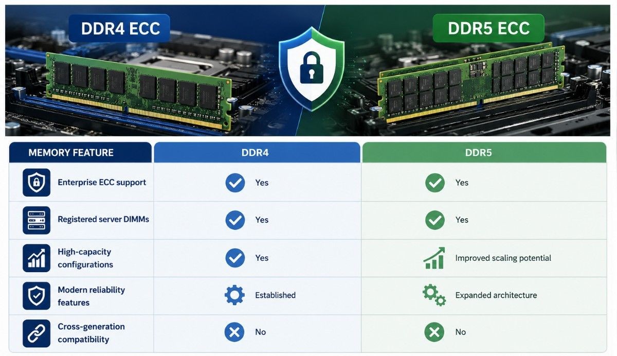 An infographic comparing DDR4 and DDR5 ECC server memory modules and key feature differences.