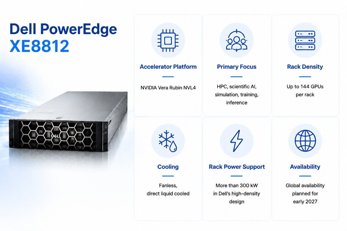 Dell PowerEdge XE8812 overview infographic highlighting NVIDIA Vera Rubin NVL4, HPC and scientific AI focus, and rack density.