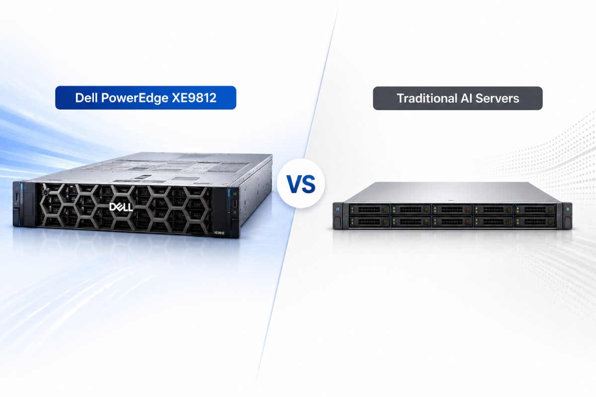 Dell PowerEdge XE9812 compared with a traditional AI server in a side-by-side product view.
