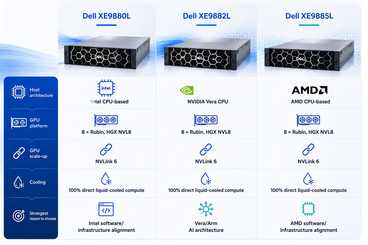 Dell XE9880L, XE9882L, and XE9885L AI server comparison showing CPU architectures, HGX NVL8 GPUs, NVLink 6, and liquid cooling features.