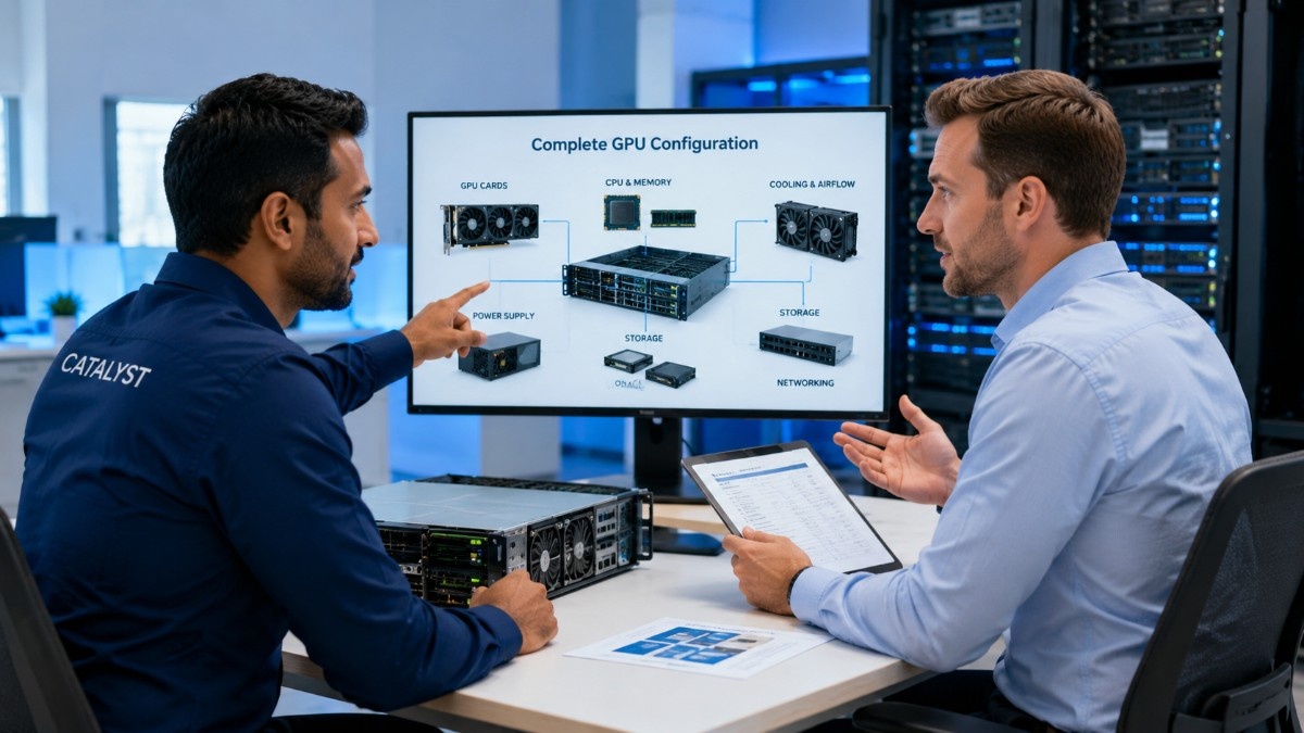 A Catalyst consultant guides a business buyer through a complete GPU server configuration on a monitor in a modern blue-lit AI lab, with server hardware and a technical checklist visible.