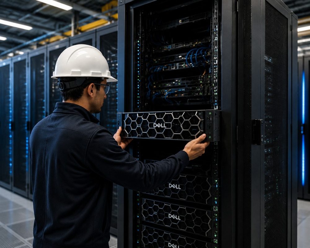Data center technician installing a Dell server rack in a modern server facility.
