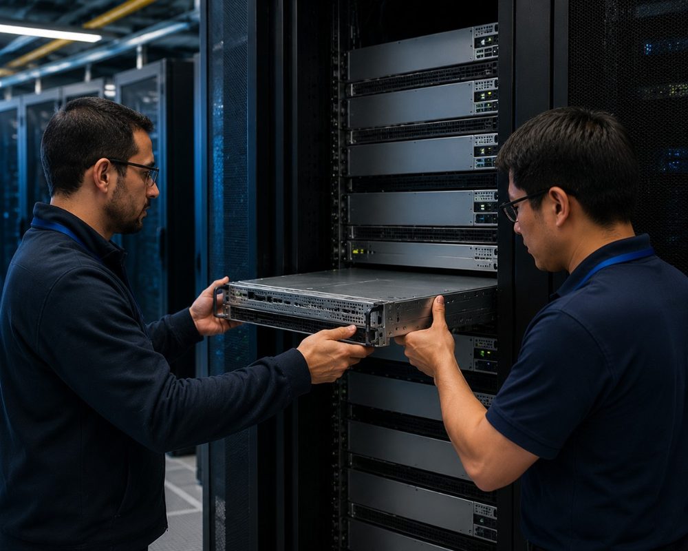 Two data center technicians installing a server chassis into a rack in a modern server facility.