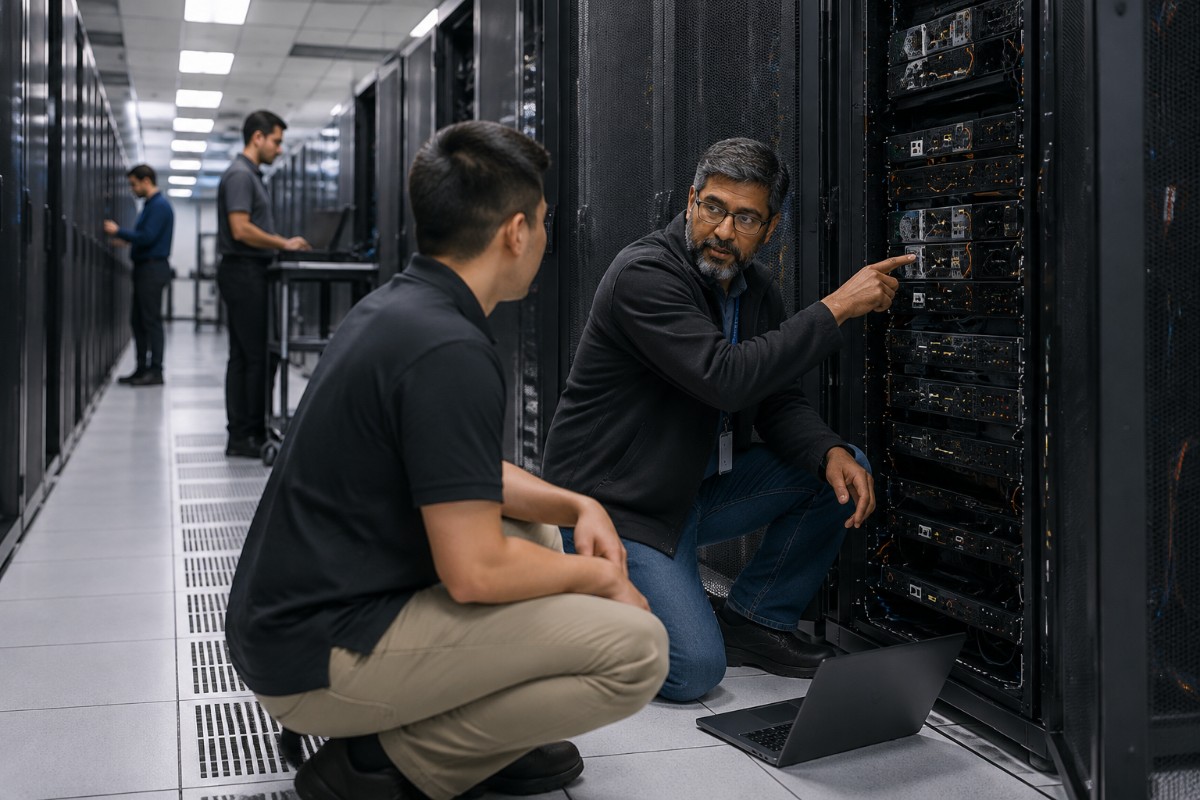 Photorealistic image of HPC infrastructure experts supporting a data center deployment, showing engineers reviewing an open server rack with networking equipment, cables, and compute hardware. One specialist explains system components while another observes with a laptop nearby, surrounded by rows of enterprise server cabinets in a modern high-performance computing facility.