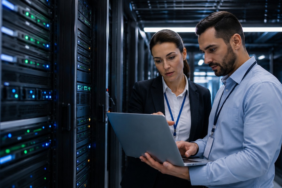 IT specialists reviewing a Xeon 6+ agentic AI deployment on a laptop beside enterprise server racks in a modern data center.