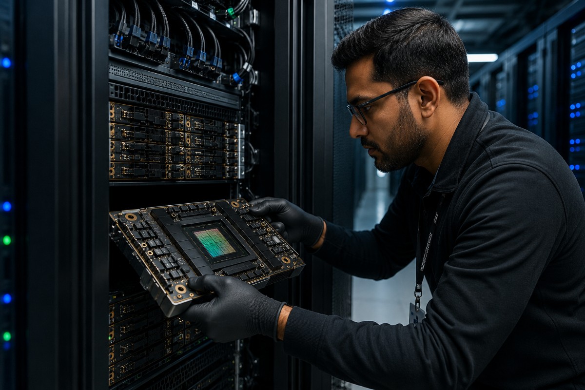 Expert technician installing an AMD MI455X accelerator into a data center server rack.