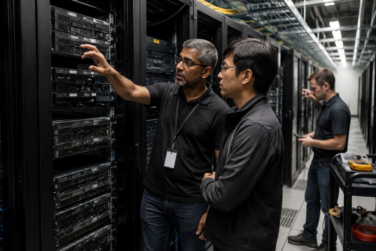 Realistic data center scene with IT technicians collaborating beside server racks, inspecting hardware and preparing infrastructure for an advanced AI computing deployment.