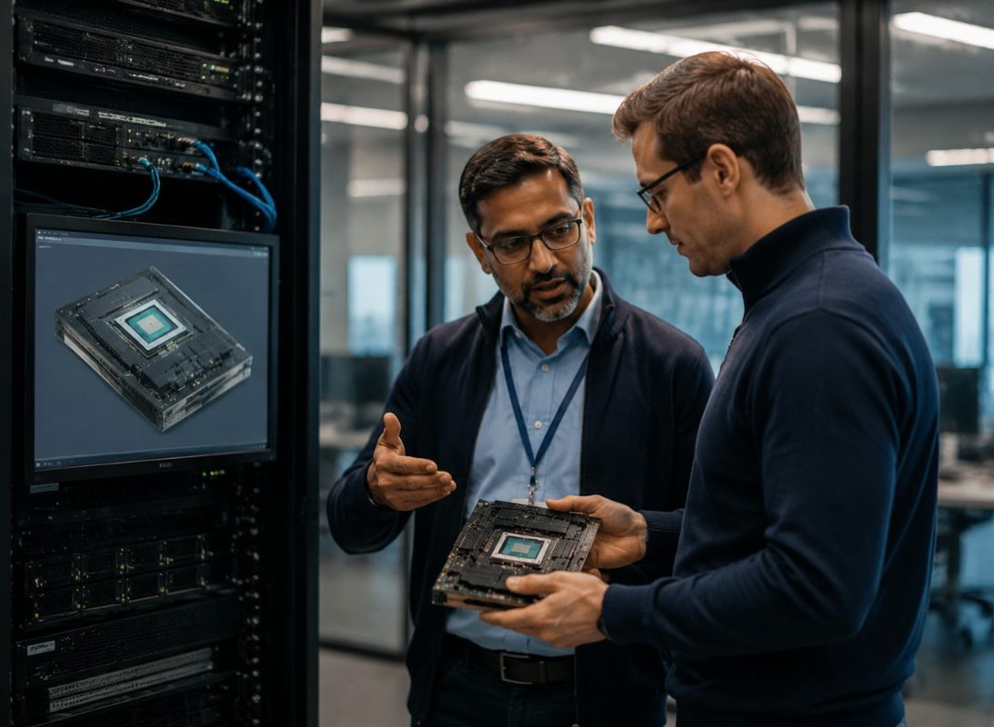 Photorealistic image of technical experts supporting an NVIDIA Vera CPU deployment, with engineers reviewing server hardware, a CPU module, and data center infrastructure. The scene shows enterprise AI deployment planning, hardware analysis, and professional collaboration in a modern computing environment.
