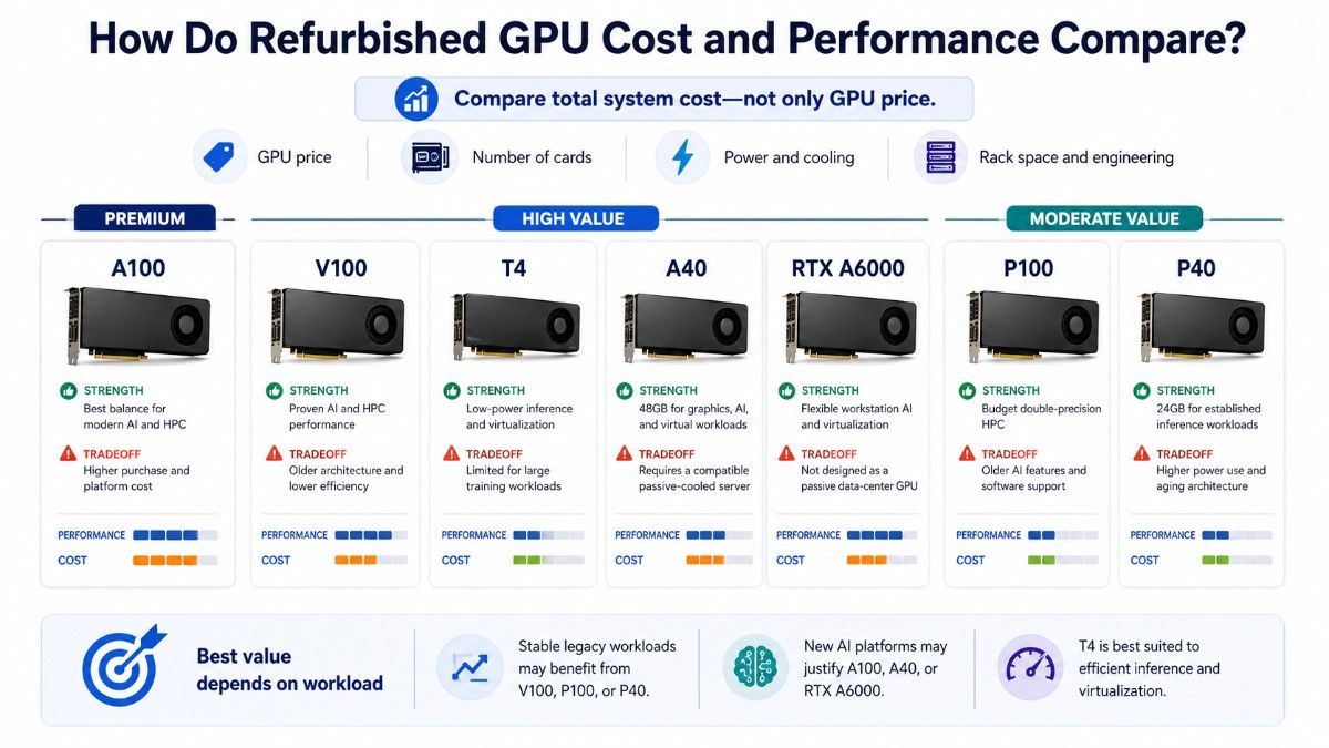 Infographic comparing refurbished GPUs by value, performance, cost, strengths, and tradeoffs.