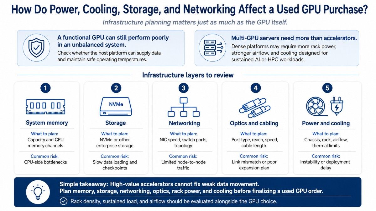 Used GPU infrastructure planning for memory, storage, networking, power, and cooling.