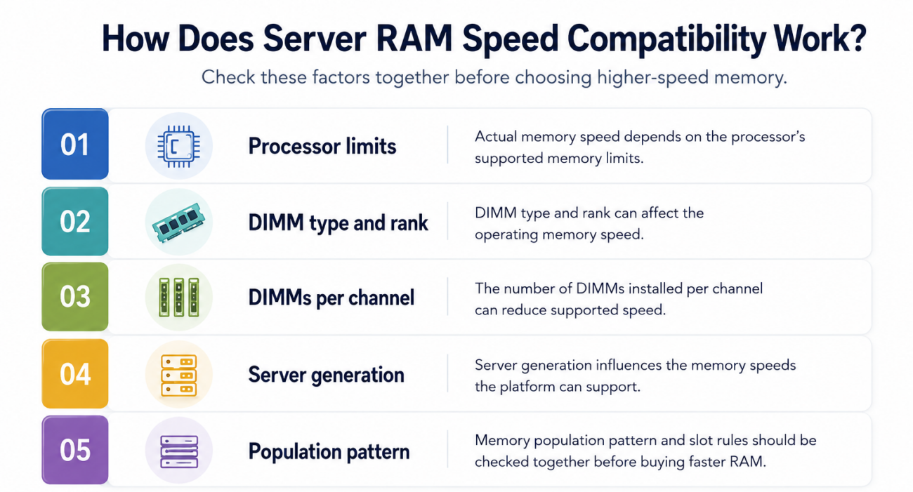 Infographic explaining five factors that affect server RAM speed compatibility, including processor limits, DIMM type, channel usage, server generation, and memory population rules.