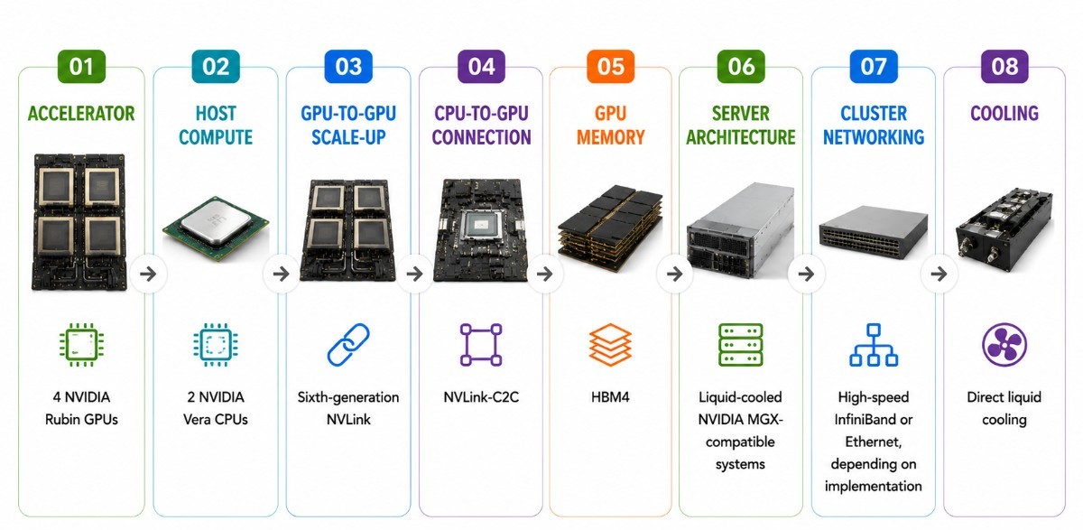 Infographic explaining how the NVIDIA Vera Rubin NVL4 platform works, showing its architecture layers: four NVIDIA Rubin GPUs, two NVIDIA Vera CPUs, sixth-generation NVLink GPU-to-GPU scaling, NVLink-C2C CPU-to-GPU connection, HBM4 memory, liquid-cooled NVIDIA MGX-compatible systems, high-speed InfiniBand or Ethernet cluster networking, and direct liquid cooling. The diagram presents the complete hardware stack and communication path of Vera Rubin NVL4.