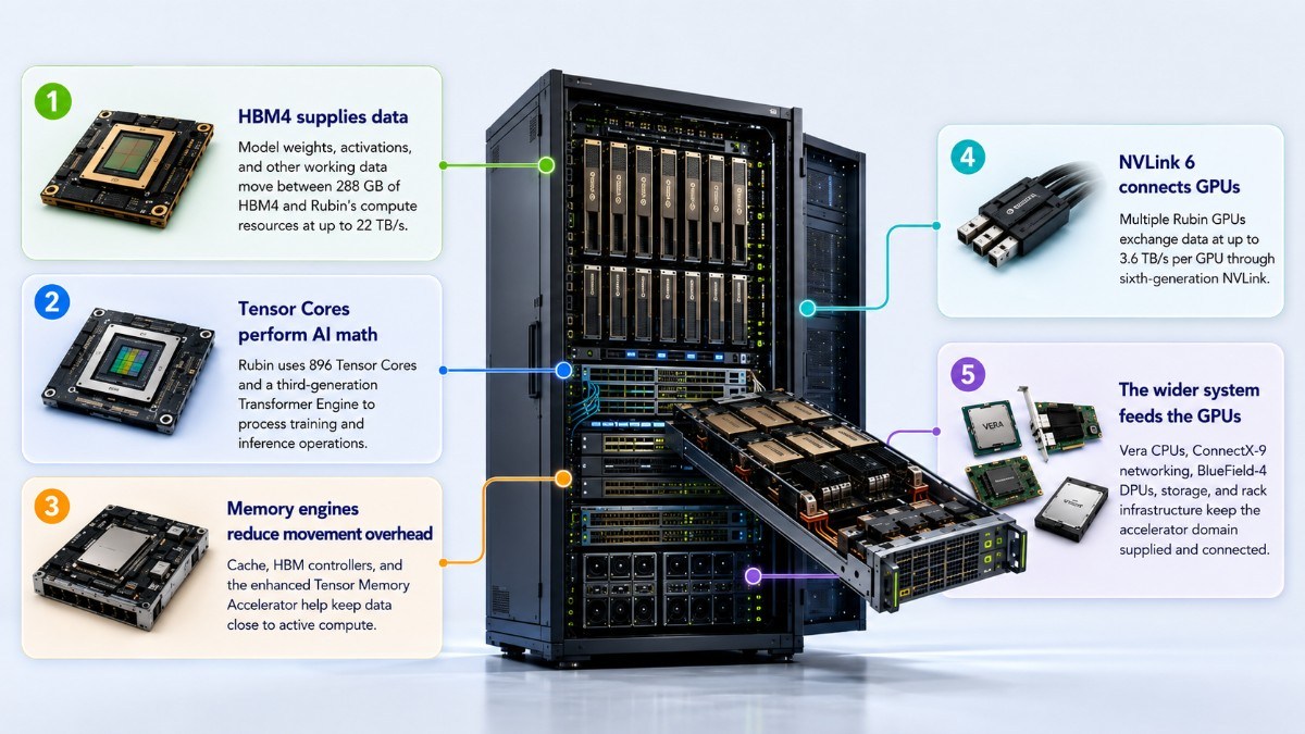 Infographic explaining how the NVIDIA Rubin GPU works, showing HBM4 memory supplying data, Tensor Cores performing AI computations, memory engines reducing data-movement overhead, NVLink 6 connecting multiple GPUs at up to 3.6 TB/s per GPU, and Vera CPUs, ConnectX-9 networking, BlueField-4 DPUs, storage, and rack infrastructure supporting the wider system.