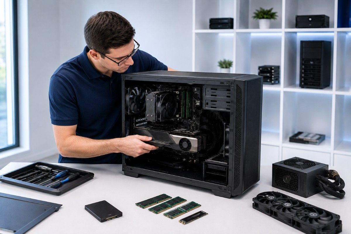 Man Installing Graphics Card in PC Lab