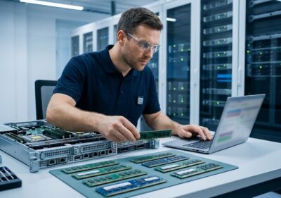IT expert comparing server RAM modules with an open server motherboard to verify memory compatibility before purchase.