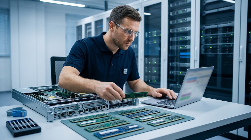 IT expert comparing server RAM modules with an open server motherboard to verify memory compatibility before purchase.