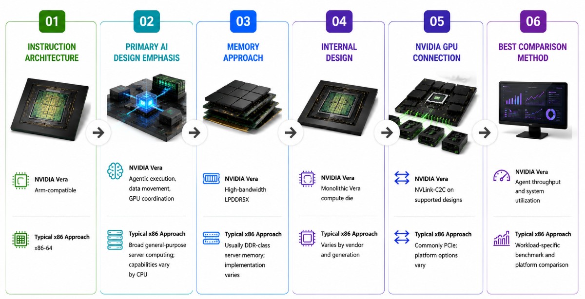 Infographic comparing NVIDIA Vera and x86 CPUs across architecture, AI design focus, memory, internal design, GPU connectivity, and performance evaluation methods.