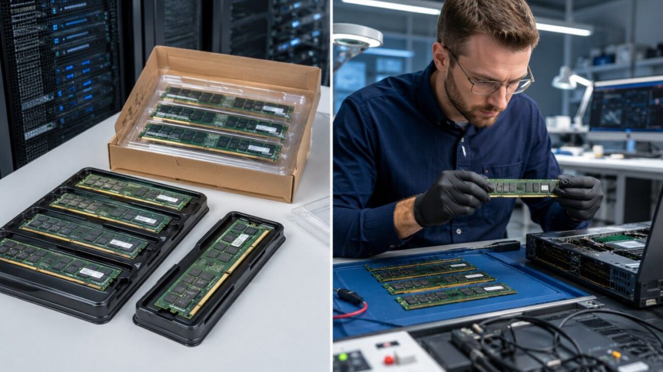 Side-by-side comparison of new packaged server RAM and refurbished RAM being inspected by a technician in a professional IT lab.