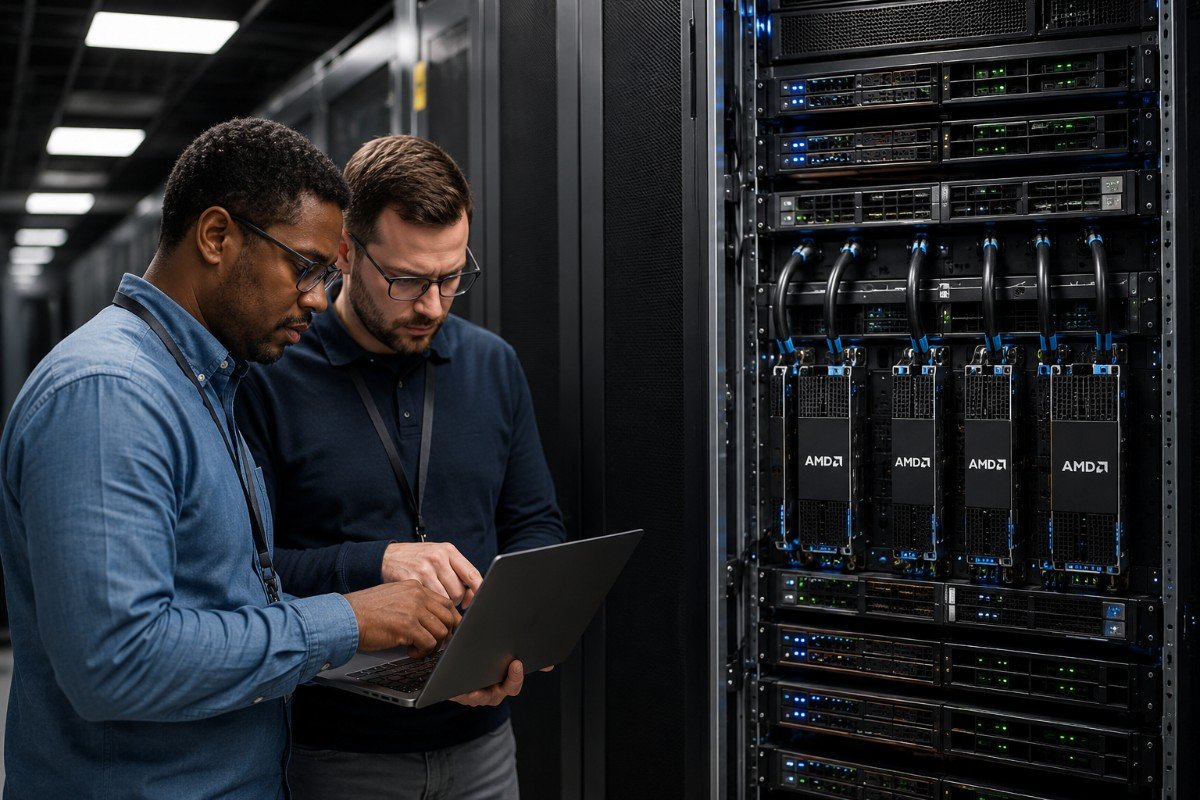 Engineers planning an AMD Helios rack-scale deployment in a modern data center, reviewing server infrastructure and configuration details on a laptop.