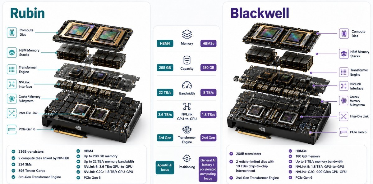 Infographic comparing NVIDIA Rubin and Blackwell GPU architectures, highlighting compute dies, HBM memory stacks, Transformer Engine, NVLink interface, cache and memory subsystem, inter-die links, and PCIe Gen 6. Rubin is shown with HBM4, up to 288 GB memory, 22 TB/s bandwidth, 3.6 TB/s NVLink GPU-to-GPU bandwidth, and a third-generation Transformer Engine, while Blackwell uses HBM3e, 180 GB memory, 8 TB/s bandwidth, 1.8 TB/s NVLink, and a second-generation Transformer Engine.