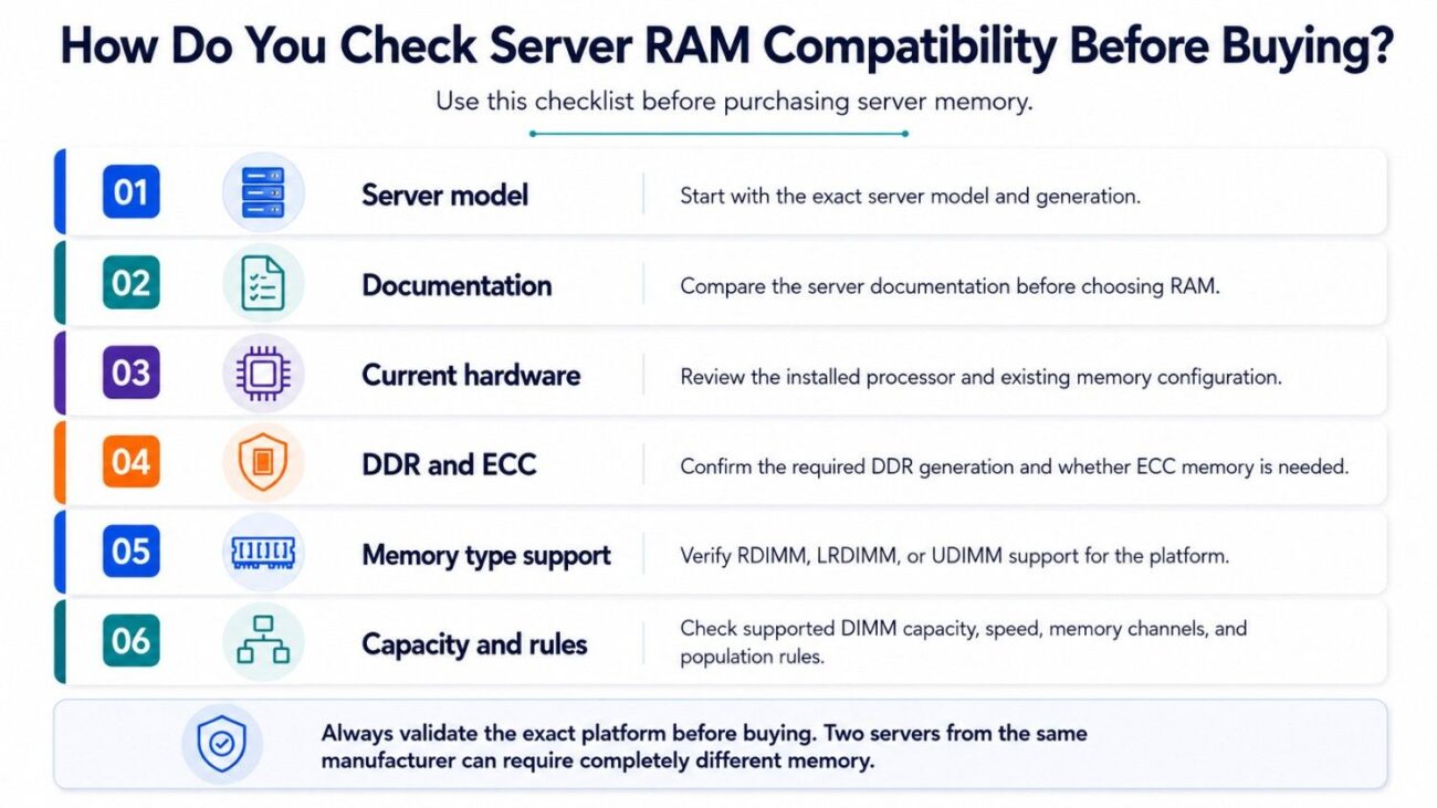 Infographic showing six key checks for server RAM compatibility, including server model, documentation, hardware, DDR/ECC, memory type, and capacity rules.