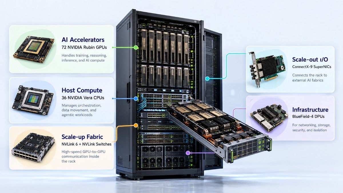 Infographic showing NVIDIA Vera Rubin NVL72 hardware, including Rubin GPUs, Vera CPUs, NVLink 6 fabric, ConnectX-9 SuperNICs, and BlueField-4 DPUs.