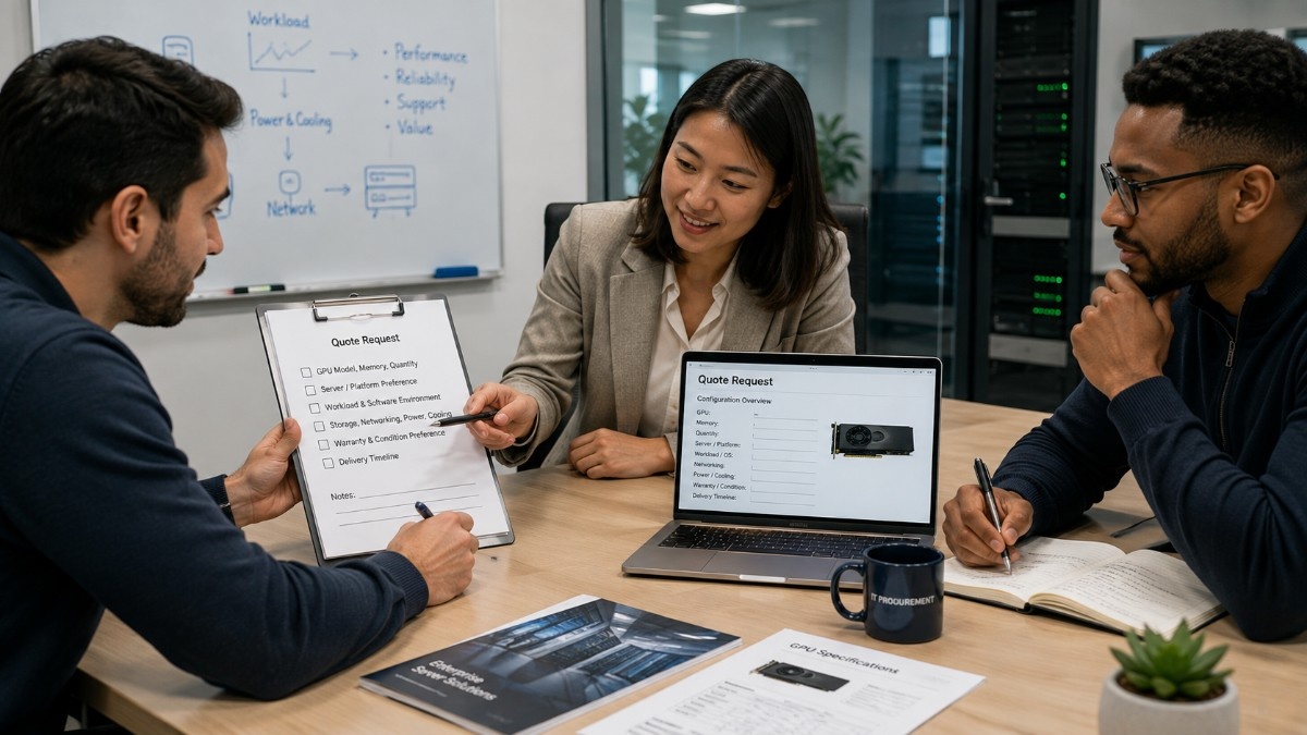IT team preparing a quote-ready used GPU request.
