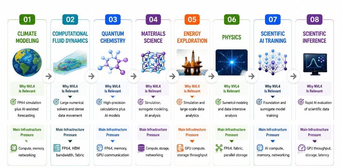 Infographic showing scientific workloads supported by the NVIDIA Vera Rubin NVL4 platform, including climate modeling, computational fluid dynamics, quantum chemistry, materials science, energy exploration, physics, scientific AI training, and scientific inference. Each section explains why NVL4 is relevant and highlights infrastructure requirements such as FP64 computing, HBM bandwidth, GPU communication, storage, networking, and AI acceleration.