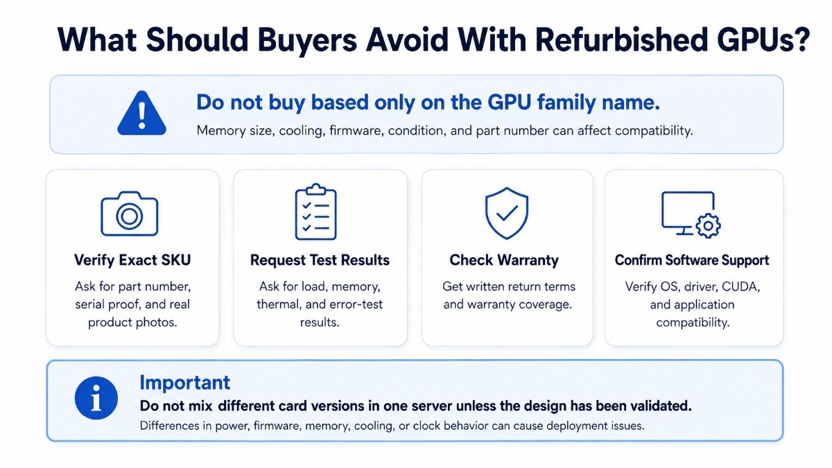 Refurbished GPU buying checklist covering SKU verification, testing, warranty, and software compatibility.