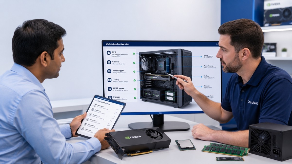 A workstation consultant points to a GPU configuration on a monitor while a buyer reviews specifications on a tablet, with an NVIDIA graphics card, CPU, RAM, SSD, and power supply displayed on the desk.