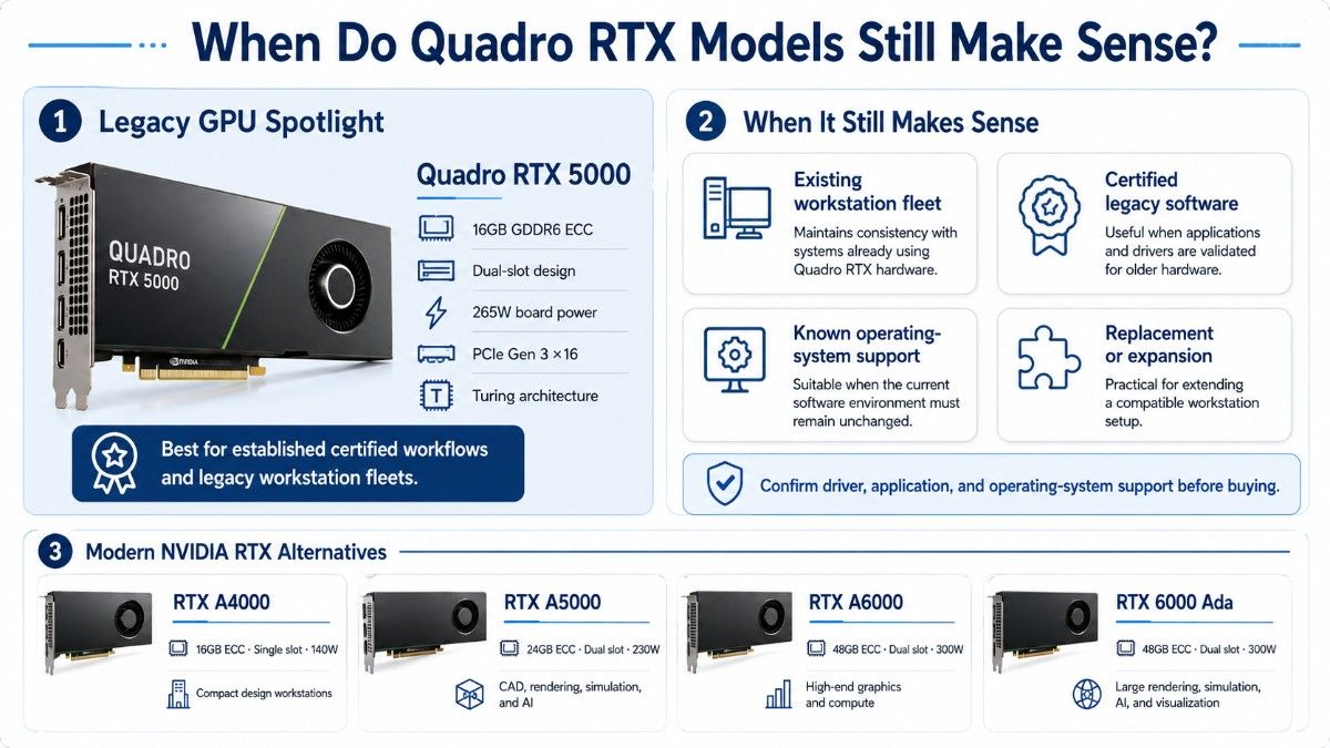 Infographic titled “When Do Quadro RTX Models Still Make Sense?” featuring the Quadro RTX 5000’s specifications and legacy-use cases, plus a comparison of modern NVIDIA alternatives: RTX A4000, A5000, A6000, and RTX 6000 Ada.