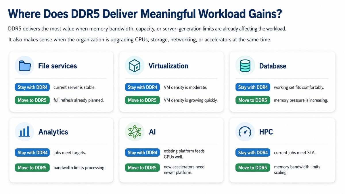 Infographic showing when DDR5 offers meaningful performance gains across file services, virtualization, databases, analytics, AI, and HPC workloads.
