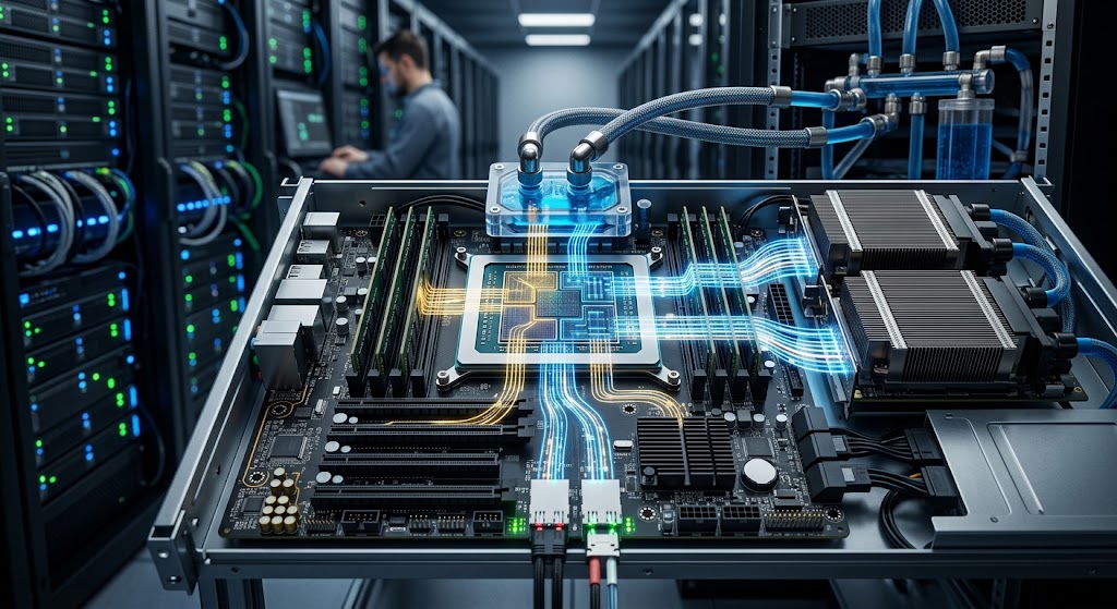 AI data center scene showing an advanced CPU-based agentic AI system, with a high-performance processor on a server motherboard connected to memory modules, GPU accelerators, networking components, and storage infrastructure. The image highlights CPU orchestration, data movement, and AI workload coordination inside a modern enterprise computing environment.