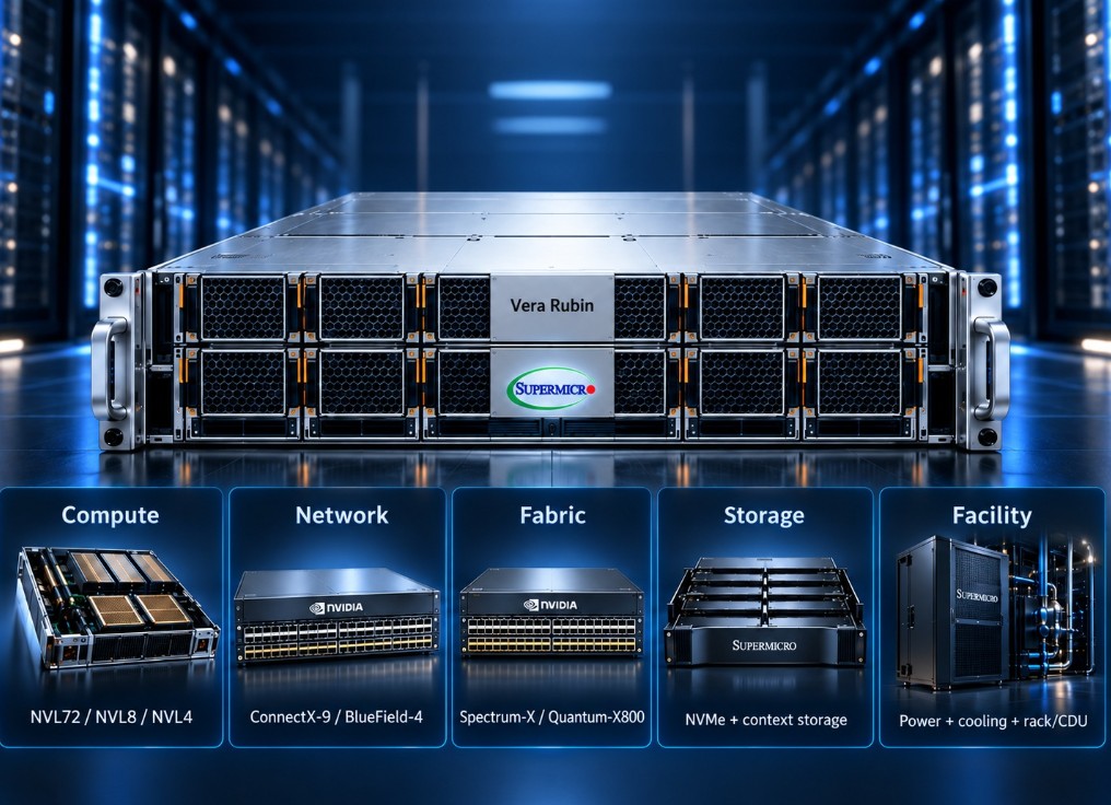 Supermicro Vera Rubin server in a blue-lit data center, with five infrastructure categories shown below: Compute (NVL72/NVL8/NVL4), Network (ConnectX-9/BlueField-4), Fabric (Spectrum-X/Quantum-X800), Storage (NVMe and context storage), and Facility (power, cooling, rack, and CDU).